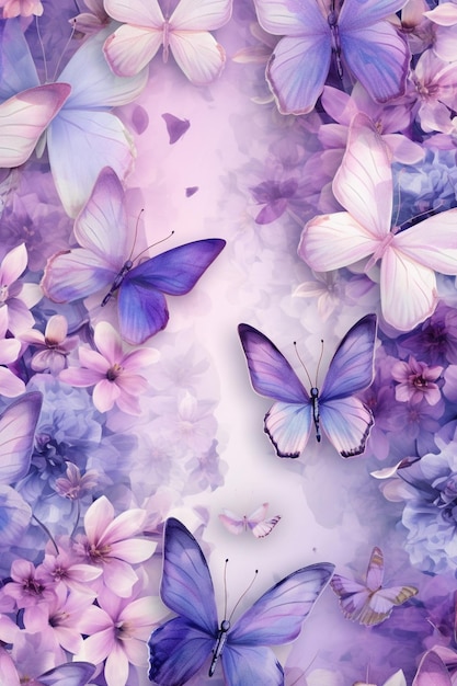 purple and blue butterflies and flowers on a white background generative ai