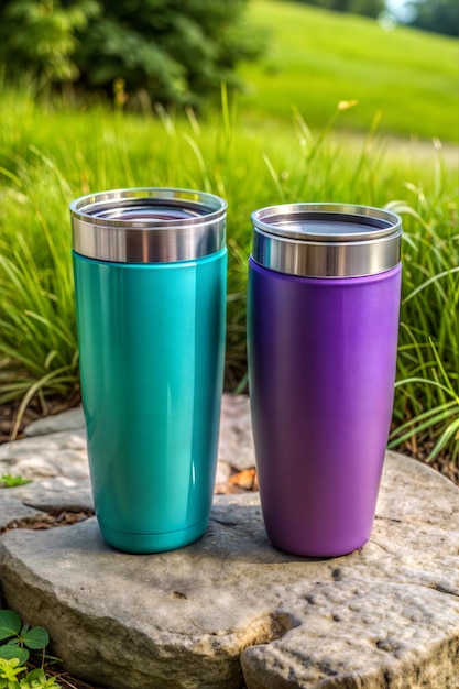 Photo a purple and blue colored cup with a purple lid sits on a stone surface