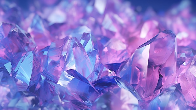 Purple and blue crystals are arranged in a field of blue generative ai