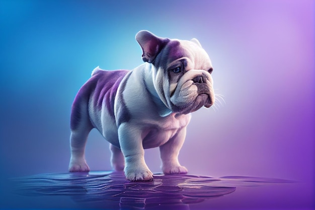 A purple and blue dog with a sad face.