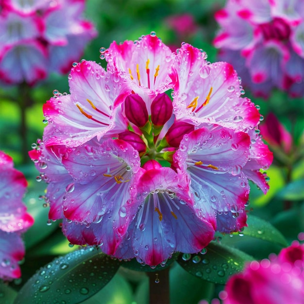 a purple and blue flower with water drops on it