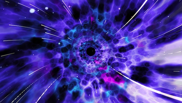 A purple and blue fractal with a black hole in the center.