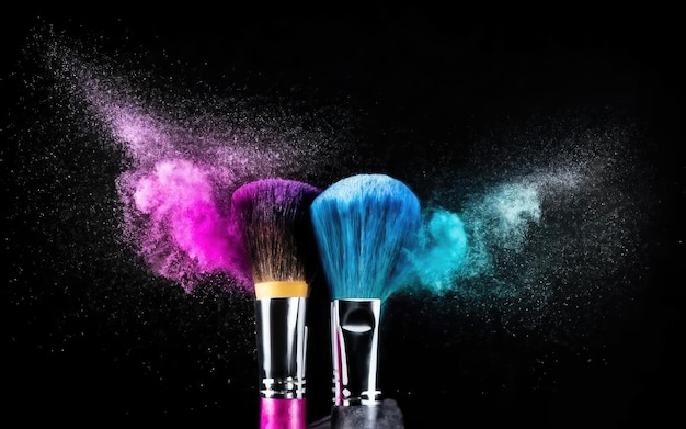 purple and blue ocean powder color splash and brush for makeup artist or graphic design in black