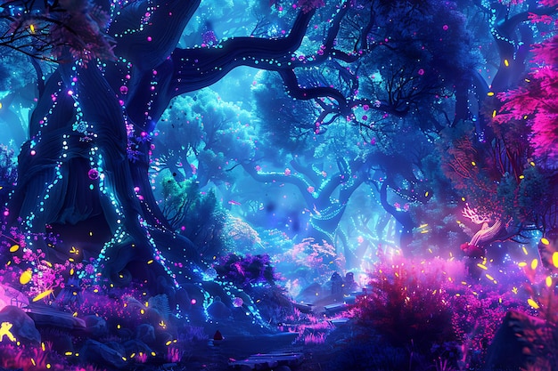 a purple and blue picture of a tree with lights on it