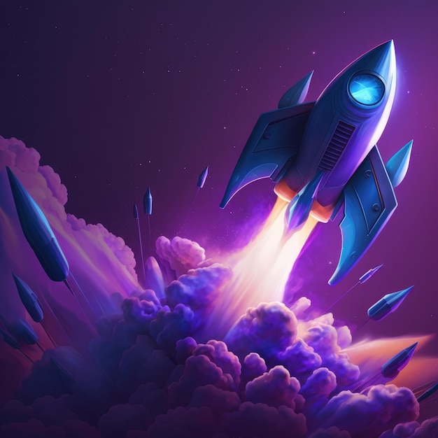 A purple and blue rocket with the word space on it