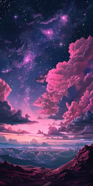 purple and blue sky with stars and clouds over a mountain generative ai