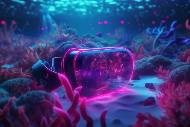 A purple and blue underwater scene with a goggles laying on the ground.