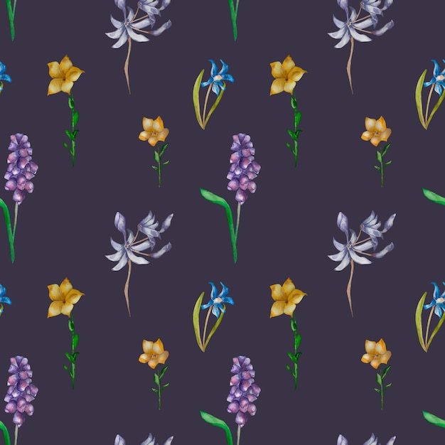 Purple blue yellow floral seamless pattern watercolor