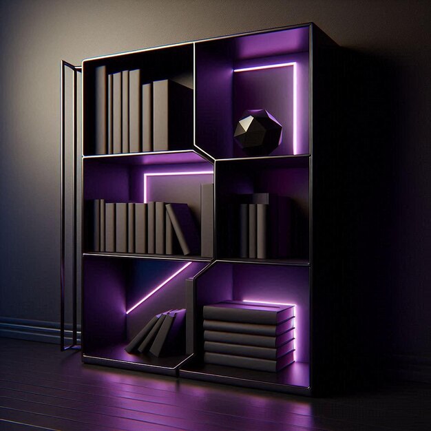 Photo a purple book shelf with a purple box that says  the word  on it