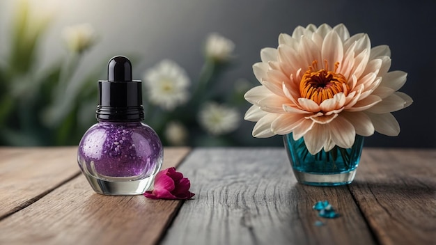 a purple bottle of perfume next to a purple flower