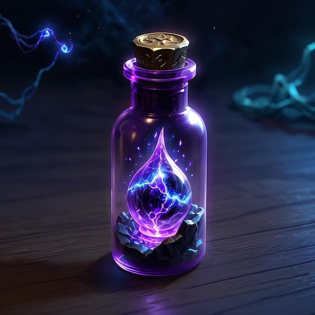 a purple bottle with a gold top and a purple and blue water drop