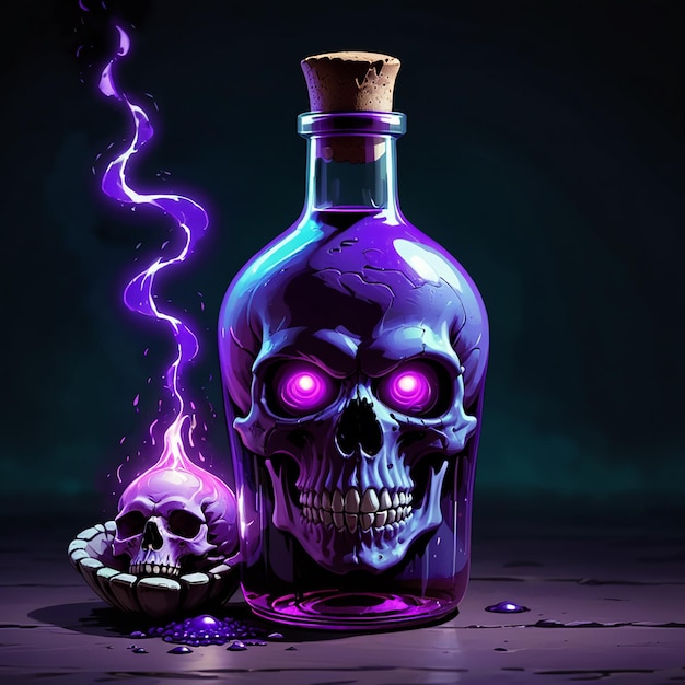 a purple bottle with a skull and a purple bottle of purple liquid