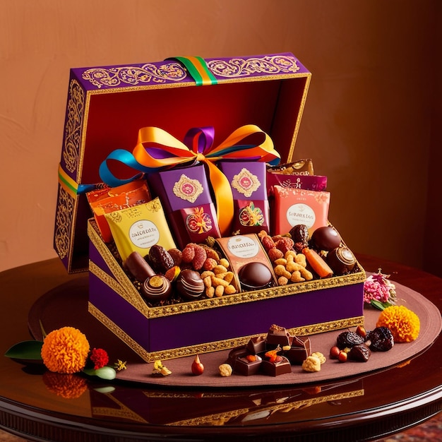 a purple box of chocolates sits on a table