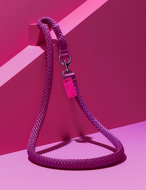 A purple braided leash in a minimalistic setting with a pink background