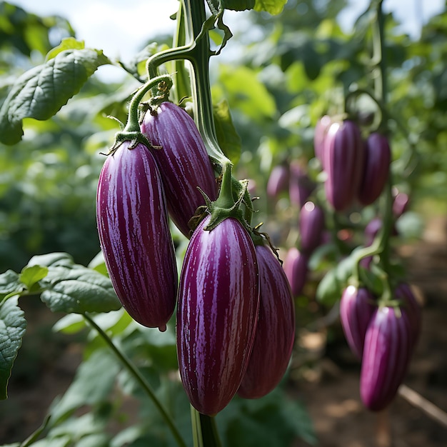 Purple brinjal growing in a eggplant garden