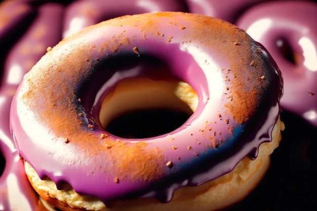 A purple and brown donut with purple icing and chocolate glaze.