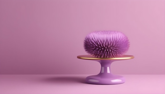 A purple brush sits on a cake stand in front of a purple background.