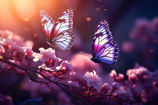 Purple butterflies on flowers with sunlight