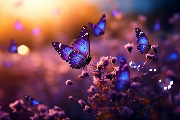 Purple butterflies on flowers with sunlight