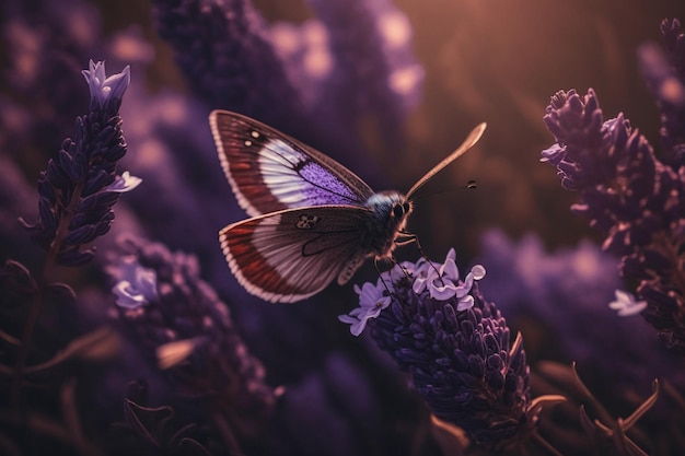 A purple butterfly flying over a field of purple flowers