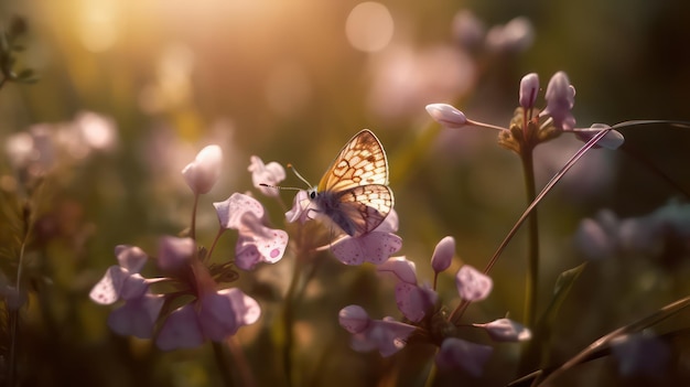 Purple butterfly on wild white violet flowers in grass in rays of sunlight macro