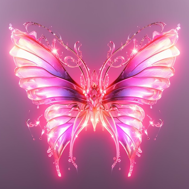 purple butterfly with pink wings and sparkling stars on a gray background generative ai