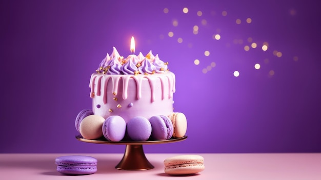 A purple cake with a lit candle sits on a table with macaroons and other macaroons.