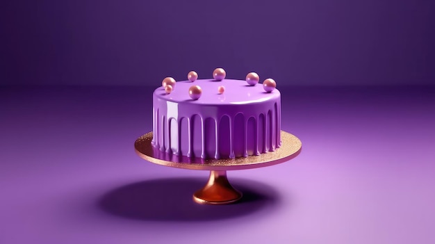 A purple cake with purple icing and a bunch of balls on a table.