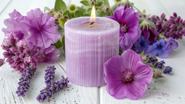 Purple candle with sunlight casting shadows among flowers