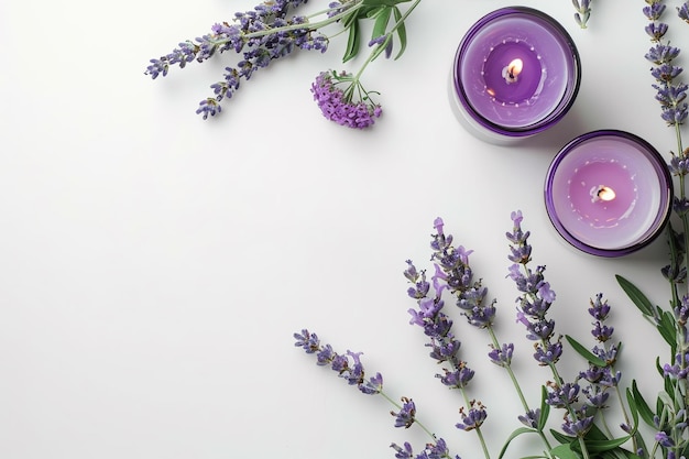 Purple candles and lavender on a white background with free space