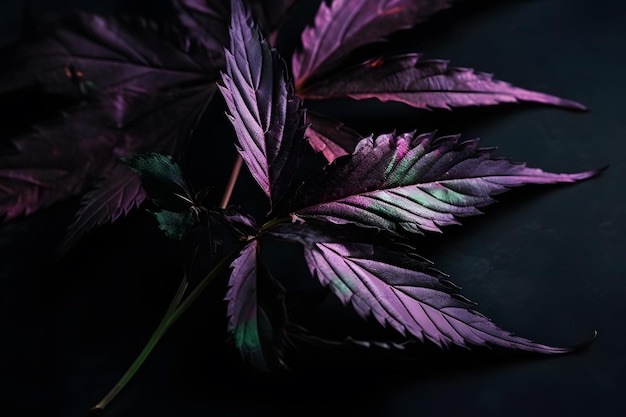 Purple cannabis leaf on a dark background Neural network AI generated