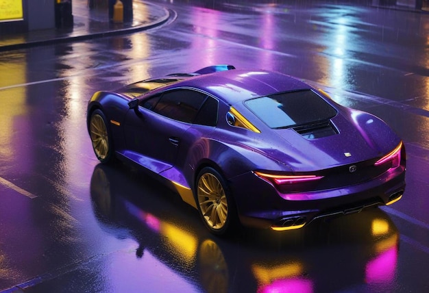 a purple car with the hood up and the lights on