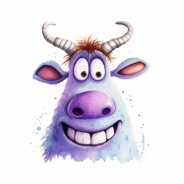 A purple cartoon bull with a blue nose and a big smile on his face.