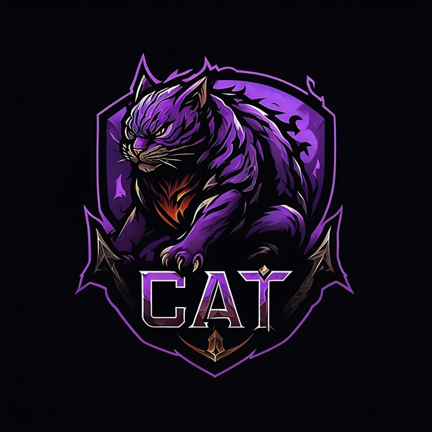 Photo purple cat mascot logo with shield and spikes