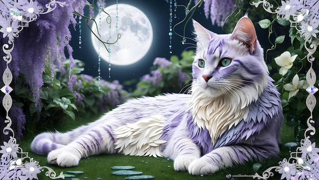 A Purple Cat Under a Moonlit Sky