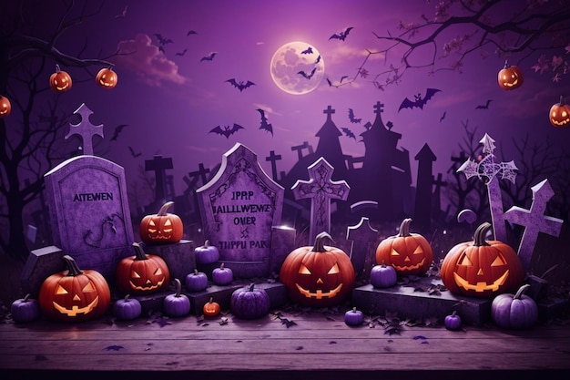 Purple Cemetery halloween background banner with pumpkin