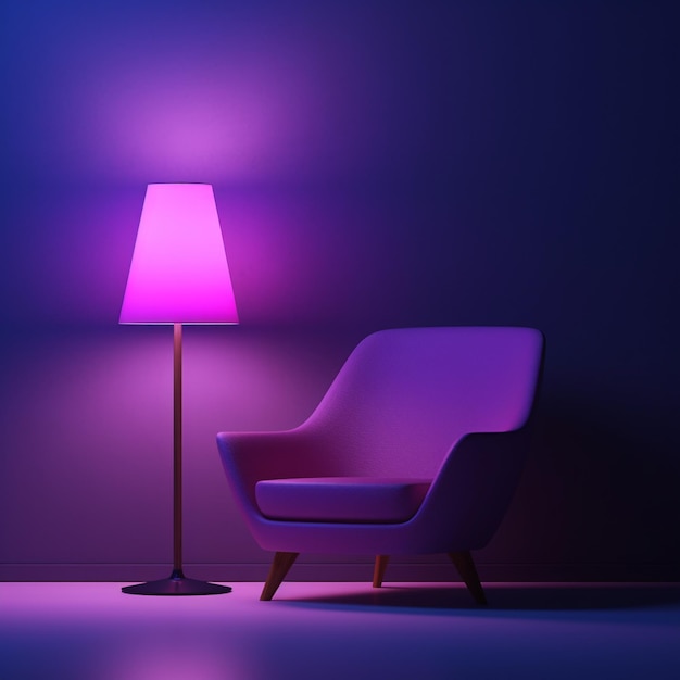 purple chair and lamp in a dark room with a purple wall generative ai