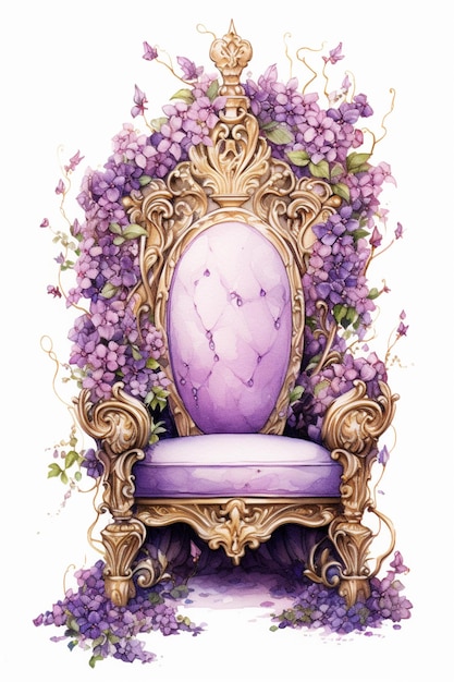 purple chair with purple flowers and gold frame and purple cushion generative ai