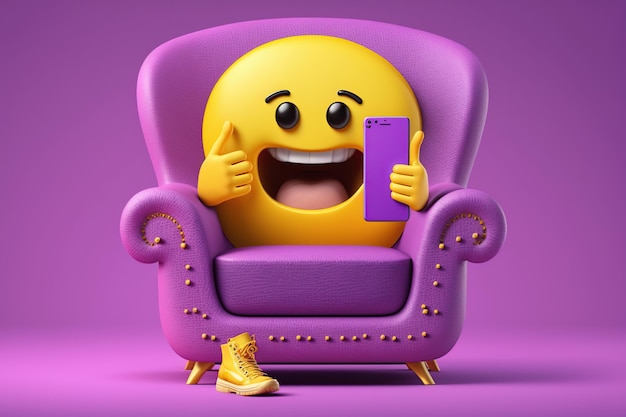 A purple chair with a smiley face holding a phone and a purple chair.