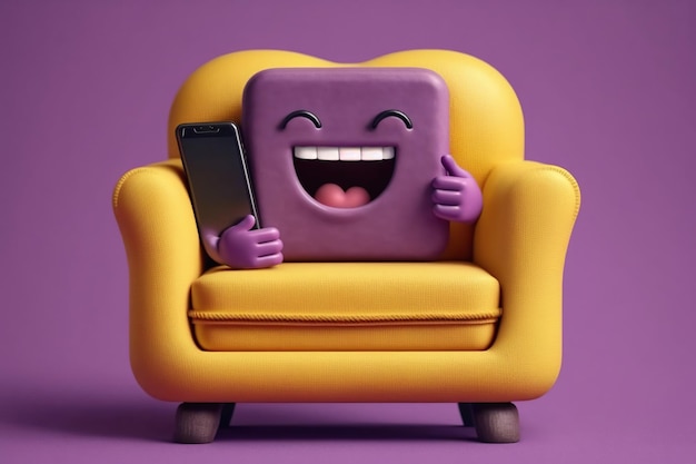 A purple chair with a smiling face and a phone on it.