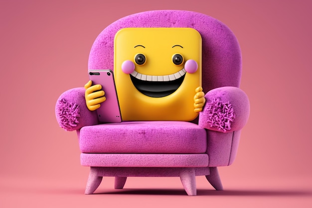 A purple chair with a smiling face and a purple pillow with a yellow face and a purple square face.