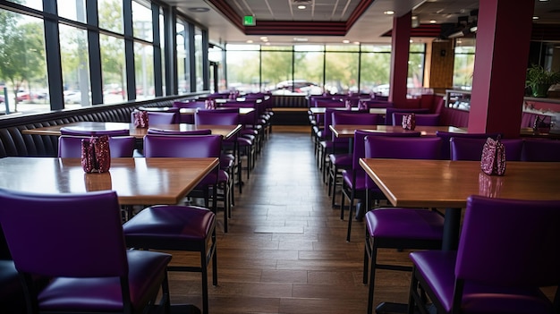 Purple chairs on the tables in restaurant classroom dining View of an empty space