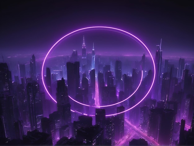 A purple circle of neon light on the background of a night city