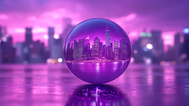 Photo purple city reflection in crystal ball