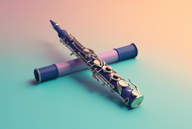 A purple clarinet sits on a colorful background.