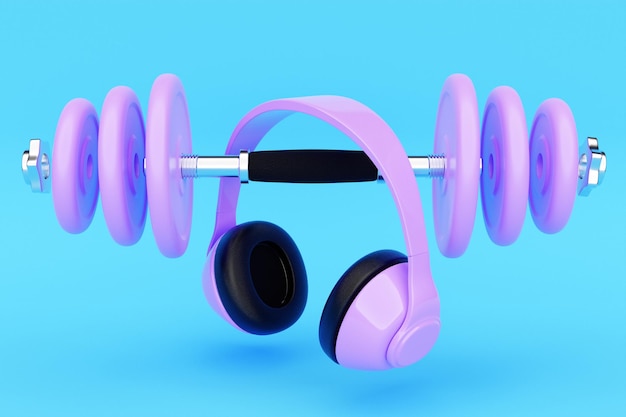 Purple classic wireless headphones and dumbell isolated 3d rendaring Headphone icon illustration Sport equipment