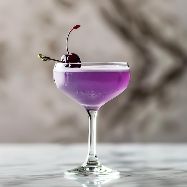 Photo purple cocktail with a cherry garnish in a coupe glass