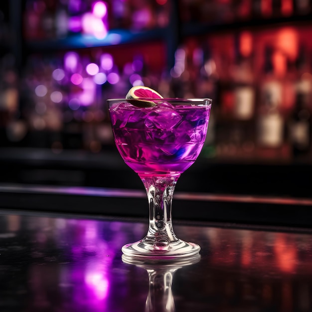 A purple cocktail with ice cubes on a bar counter.