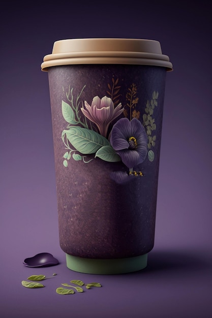 A purple coffee cup with a floral design on the side.