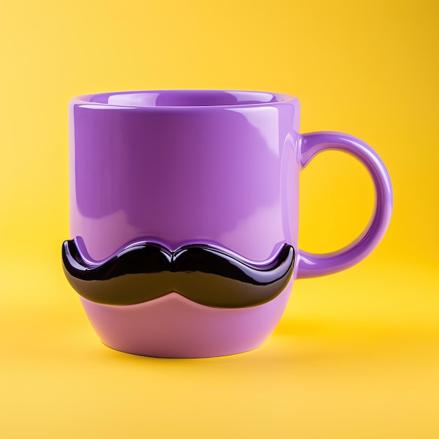 Photo a purple coffee mug with a mustache on it is on a yellow background